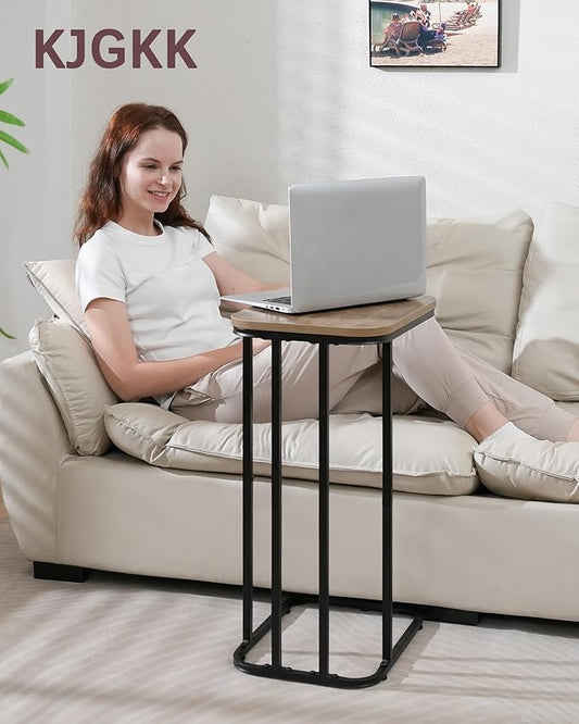 C Shaped End Table, 27 Inches High Small Side Table for Sofa and Bed, Couch Table That Slides Under, Tall Tv Tray Table for Living Room, Bedroom, Metal Frame, Greige & Black-NeatNest