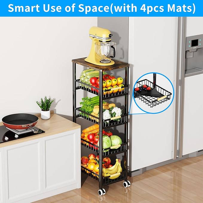 Fruit Vegetable Storage Basket for Kitchen, 5 Tier Large Pull-Out Metal Wire Baskets with 4 Pack Mats Bottom, Wood Top and Wheels, Vegetable Produce Bins Stand Cart Rack for Onions and Potatoes