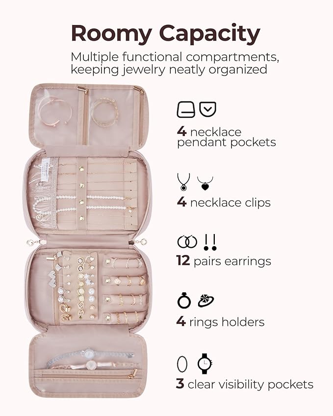 BAGSMART Jewelry Organizer Case Travel Jewelry Storage Bag for Necklace, Earrings, Rings, Bracelet, Soft Pink-NeatNest