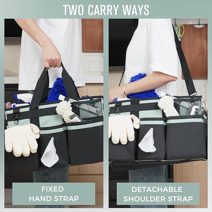 Wearable Cleaning Caddy, Cleaning Caddy Supplies Organizer with Handle & Shoulder Straps for Housekeepers, Under Sink & Car Cleaning Tool Organizers Bag with 4 Foldable Divider (Celadon)