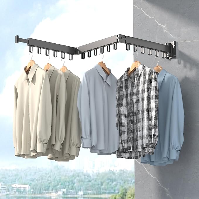 Clothes Drying Rack, Laundry Drying Rack Wall Mount for Bathroom, Retractable and Foldable Clothes Hanging Rack with U-Hooks for Laundry Room, Balcony, Closet, Bedroom(Tri-Fold), Black-NeatNest
