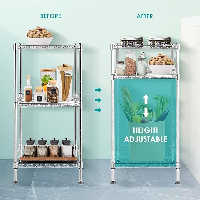 BNSPLY 3-Tier Adjustable Shelving Unit, Metal Wire Rack with NSF Certified, Leveling Feet, Standing Storage Shelf for Laundry, Bathroom, Kitchen, Pantry, Closet, Chrome-NeatNest