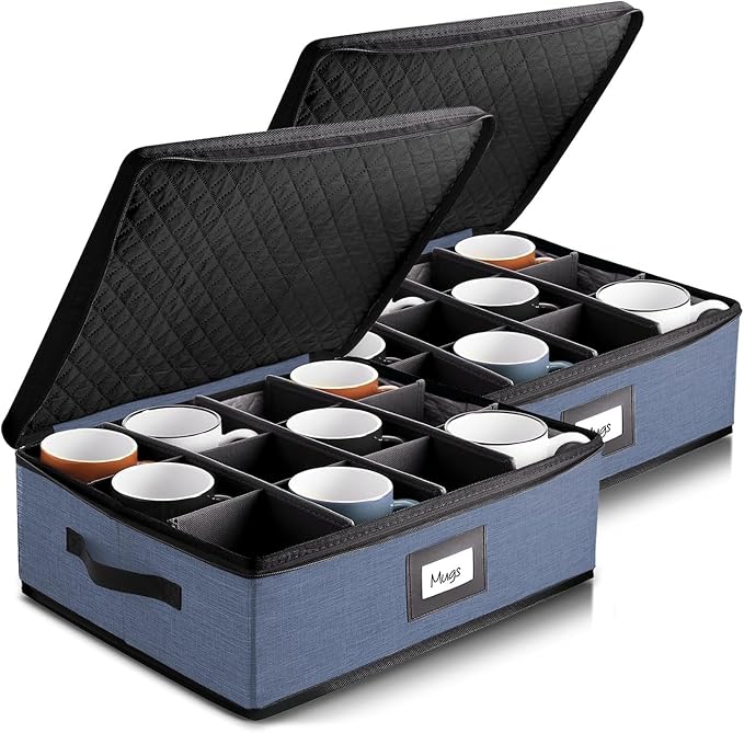 Coffee Mug Storage, 2 Pack Quilted and Stackable Coffee Cup Storage Organizer for Service of 24, Mug Storage Box with Dividers, China Containers Hard Shell for Moving and Organization, Blue-NeatNest