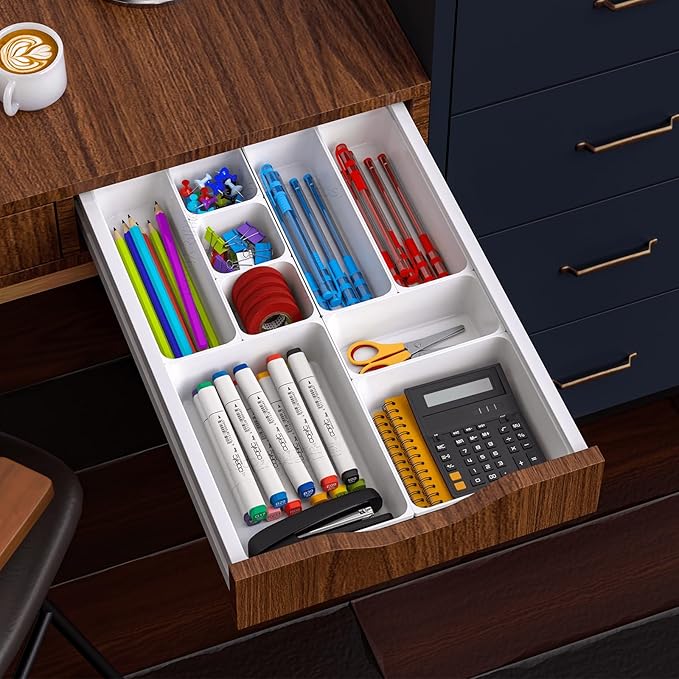 7 Pcs Plastic Drawer Organizer Set,4 Size Small Storage Containers for Organizing Jewelry,Utensil,Junk,Tea,Makeup,Shallow Drawer Organizers Tray Suitable for Office,Desk,Bathroom,Vanity,Kitchen,White-NeatNest