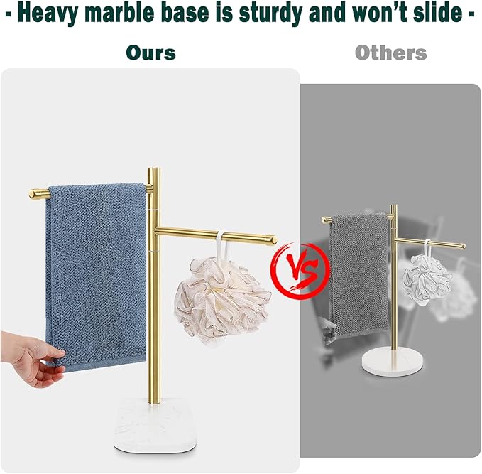 Hand Towel Holder, F-Shape Hand Towel Stand with Marble Base, Stainless Steel Swivel Hand Towel Rack Bar Standing for Bathroom Kitchen Countertop, 2 Arms (Gold)