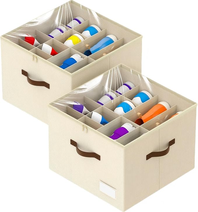 Shoe Organizer for Closet, 2 Pack Shoe Organizer with Clear Cover, Closet Shoe Storage Containers w/Adjustable Dividers, Foldable Storage Bins for Shoes, Fits 16-32 Pairs, Beige-NeatNest