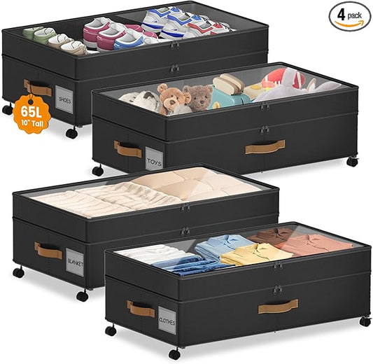 4 Pack Under Bed Storage with Wheels, Adjustable Height Storage Containers, 10 inches Large Capacity Rolling Underbed with Lids, Storage Drawers Shoes, Clothes, Blankets, Black-NeatNest