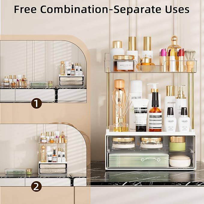 4-Tier 2-Drawer Bathroom Organizer Counter Organization, Multi-Purpose Makeup Skincare Organizers with Compartment, Easy to Install, Exquisit Vanity Shelves, Clear