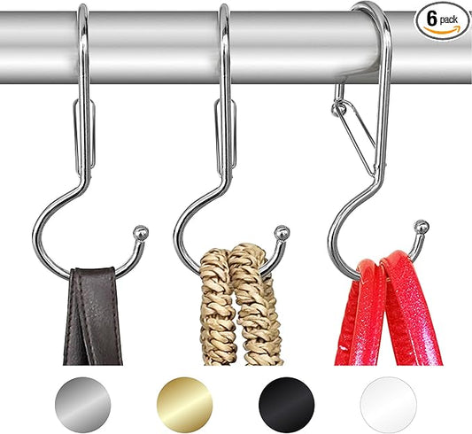 6 Purse Hanger for Closet. Tote Hanger. S-Shaped Hooks S Hooks Twist Design. Anti Drop S-Shaped Hook for hanging handbags with Safety Buckle to Prevent Falls. Heavy Duty. (Silver, Twisted)-NeatNest