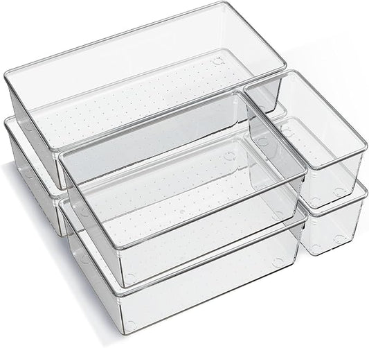 6 Pack Large Clear Plastic Drawer Organizer Trays, Acrylic Kitchen Drawer Organization and Storage Dividers, Non-Slip Storage Bins for Makeup, Kitchen Utensils, Bathroom, Jewelries and Office Desk-NeatNest