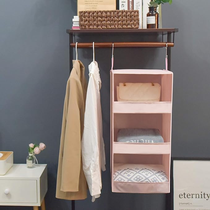 GRANNY SAYS 3-Shelf Hanging Closet Organizer, Collapsible Closet Hanging Shelves, Nursery Hanging Organizer, Pink, 29 ½" H X 12" W X 12" D, 1-Pack-NeatNest