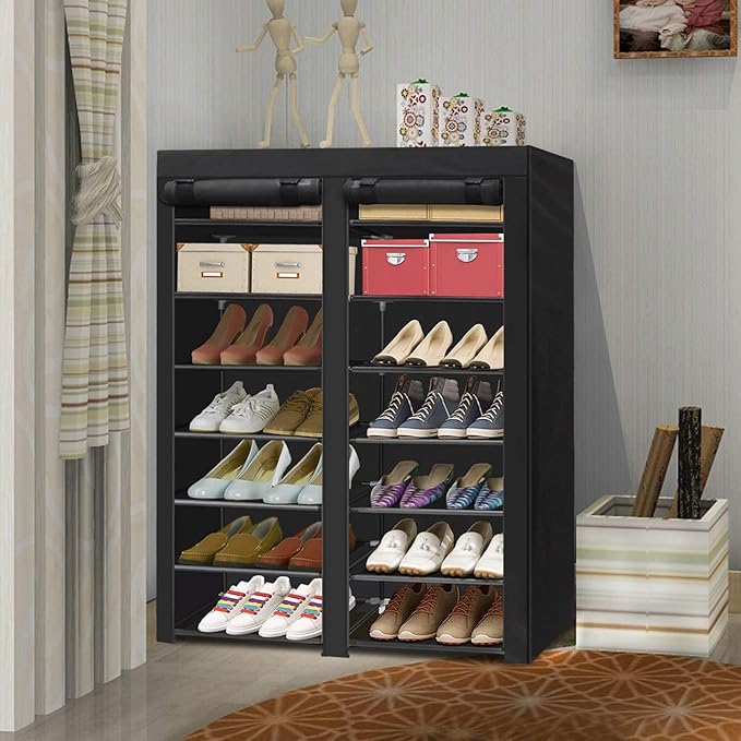 ERONE Shoe Rack Storage Organize, 28 Pairs Portable Double Row with Nonwoven Fabric Cover Shoe Shelf Cabinet for Closet-NeatNest