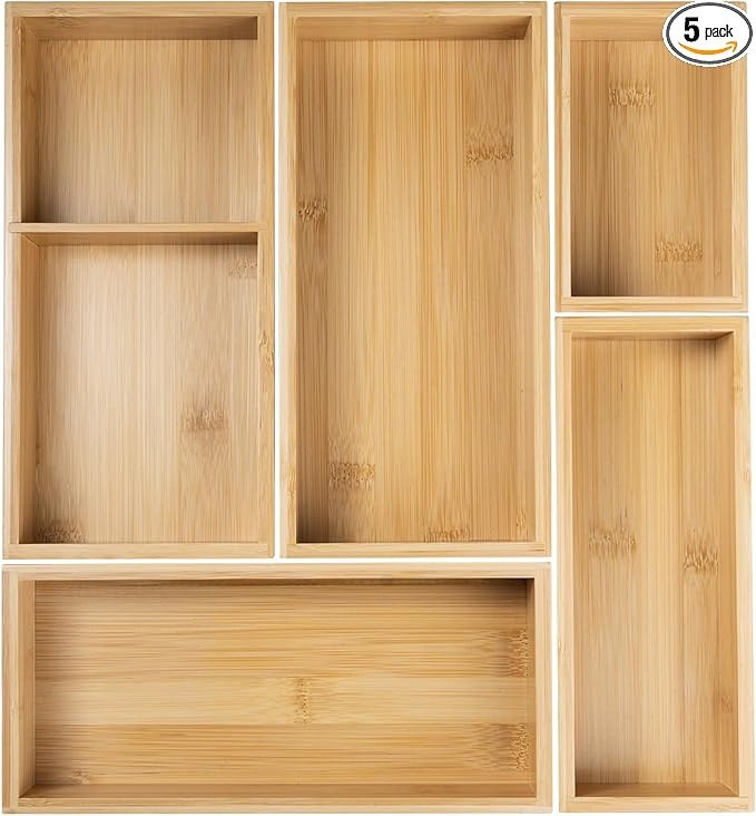 Bamboo Drawer Organizer Set, 5-PCS Adjustable Kitchen & Office Drawer Organizers, Multipurpose Storage Trays for Utensils, Makeup, Jewelry, Bathroom & Desk Accessories-NeatNest