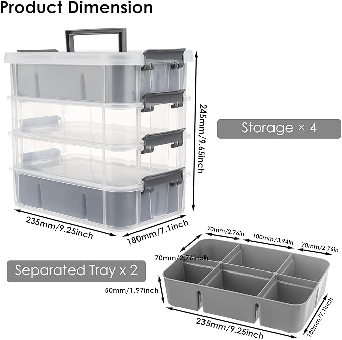 Grey&White Modern Plastic Storage Box - 4-Layer Durable Craft Storage Containers with 2 Removable Trays for Arts & Crafts Supplies, Sewing, Office, Seasonal Decor