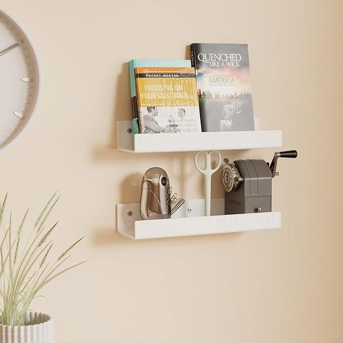 12 Inches White Acrylic Wall Shelves 2 Pack, Acrylic Bookshelf for Wall. Wall Mounting Shelf for Living Room-NeatNest