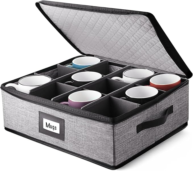 Hearth & Harbor Coffee Mug Storage, Quilted and Stackable Coffee Cup Storage Organizer for Service of 12, Mug Storage Box with Dividers, China Containers Hard Shell for Moving and Organization, Grey-NeatNest