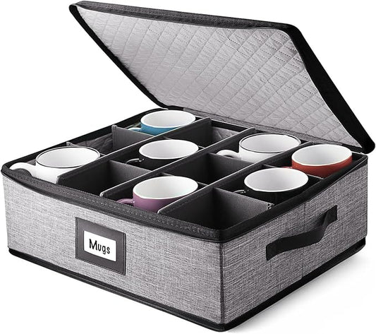 Hearth & Harbor Coffee Mug Storage, Quilted and Stackable Coffee Cup Storage Organizer for Service of 12, Mug Storage Box with Dividers, China Containers Hard Shell for Moving and Organization, Grey-NeatNest
