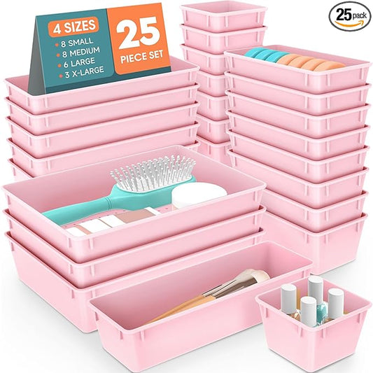 25 PCS Plastic Drawer Organizer Set, 4-Size Versatile Organizer Trays & storage Bins for Makeup, Jewelry, and Gadgets in Bathroom, Bedroom and Office, Pink-NeatNest