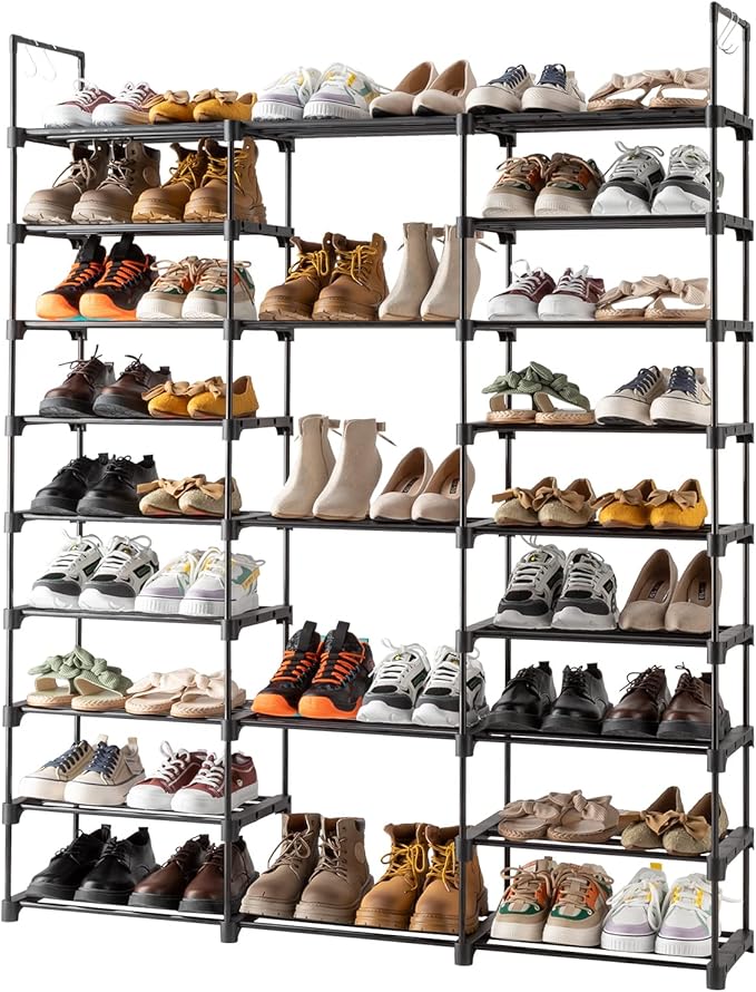 9-Tier Tall Shoe Rack - Free Standing Shoe Shelf Organizer - Large Metal Closet Organizer with Hooks - Stackable Stand for Bedroom Entryway - Holds Up to 55 Pairs of Shoes-Black-NeatNest