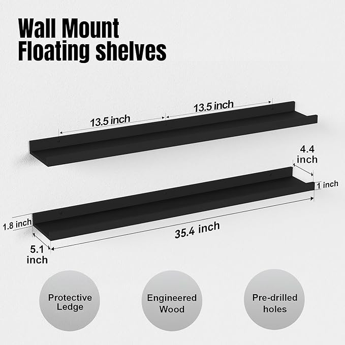 35.4 Inches Long Floating Shelves Wall Mounted, 2 Set Modern Black Wall Shelf for Bedroom, Nursery Book Shelf with Lip, Picture Ledge Shelf for Wall Decor Living Room Bathroom Kitchen- Black-NeatNest