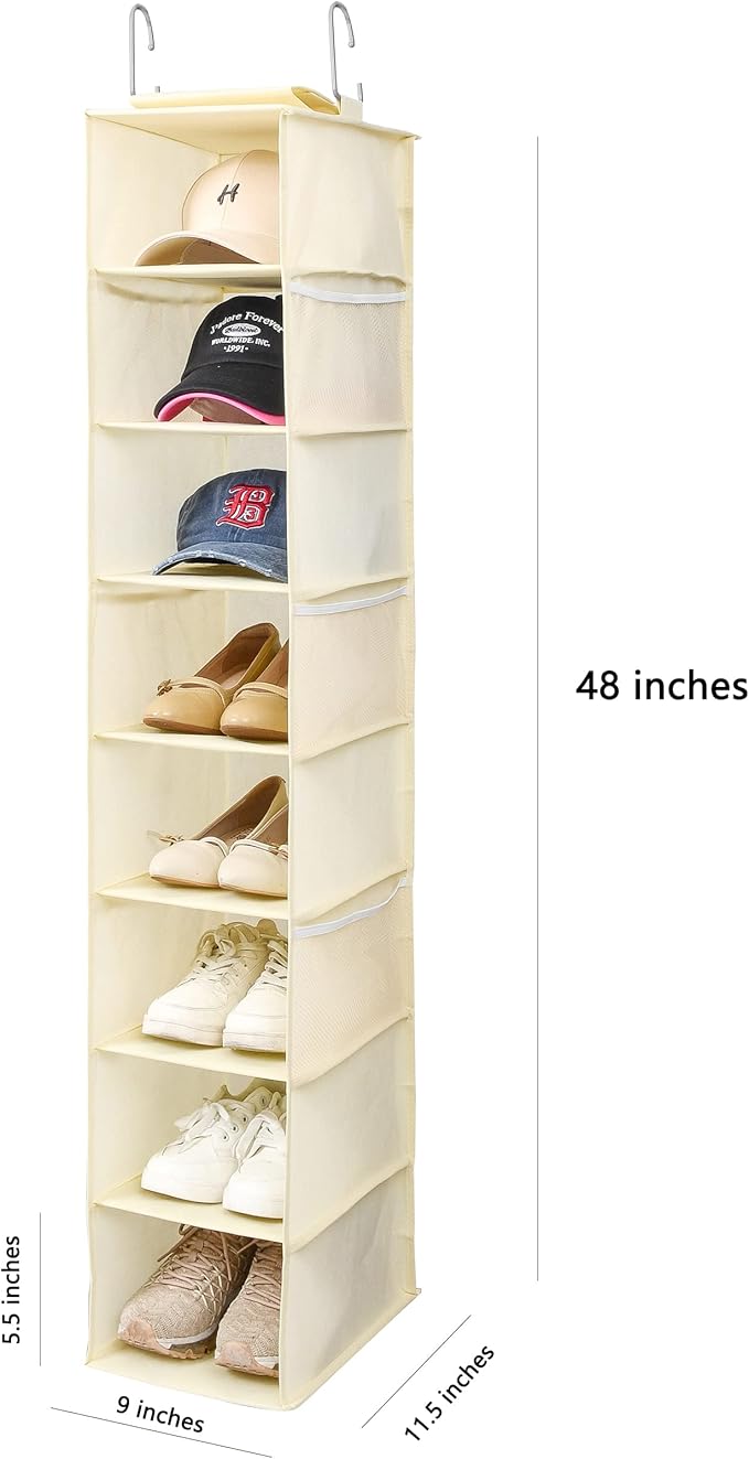 Hanging Shoe Organizer for Closet with Side Mesh Pockets，Hat Racks for Baseball Caps，Shoe and Hat Holder & Storage，8-Shelf，Beige，1 Pack-NeatNest