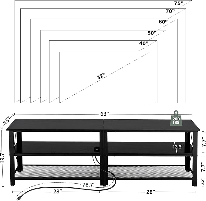 Clikuutory Modern Black 63 inch Metal TV Stand with LED Lights and Power Outlets for 40 50 55 60 65 70 Inch TVs, 3 Tier Television Stands with Entertainment Center and Storage for Living Room, Bedroom-NeatNest