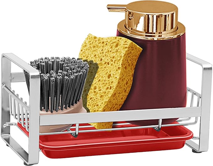 Kitchen Countertop Dish Soap Holder, Sponge Organizer, Basket for Cleaning and Scrub Tool, Kitchen Sink Brush Caddy Holder, Stainless Steel Rust Proof,Red+Silver