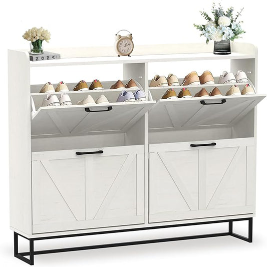 Hidden Shoe Storage Cabinets with 4 Flip Drawers and Metal Legs, Freestanding Narrow Shoe Organizer Rack for Entryway, White-NeatNest