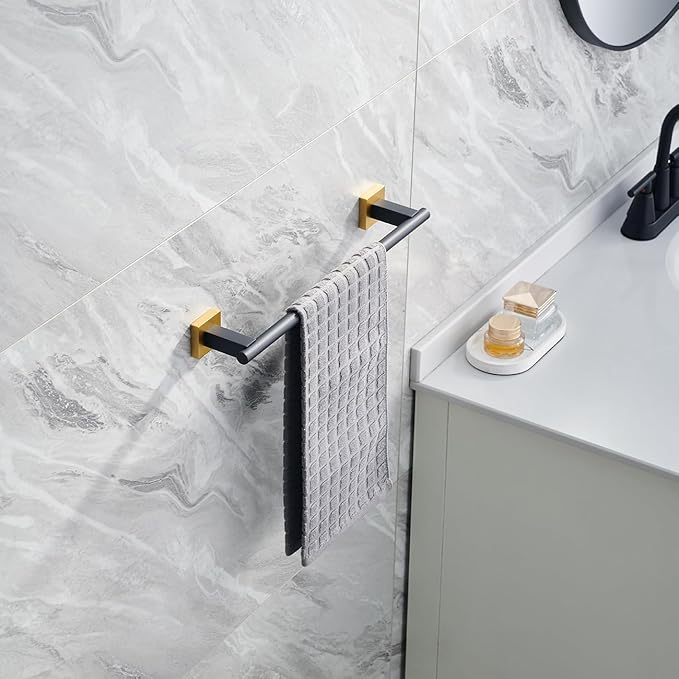 Miyili Bath Towel Bar 15.75-Inch Stainless Steel Towel Rack Hanger for Bathroom Kitchen Wall Mount Black & Gold, A02BG40A