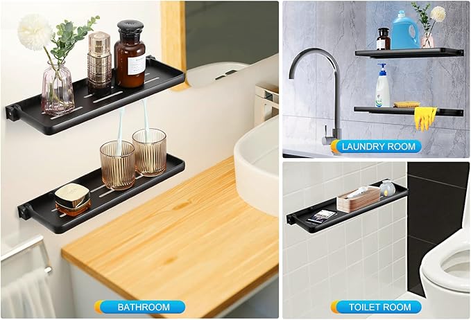 Folding Wall Shelf for Bathroom | 2-Tier Folding Metal Shelves | 90° Fold Up | Wall Mounted Drop Down Floating Shelf for Rv, Laundry Room, Toilet Room, Waterproof(2-Pack, Black)