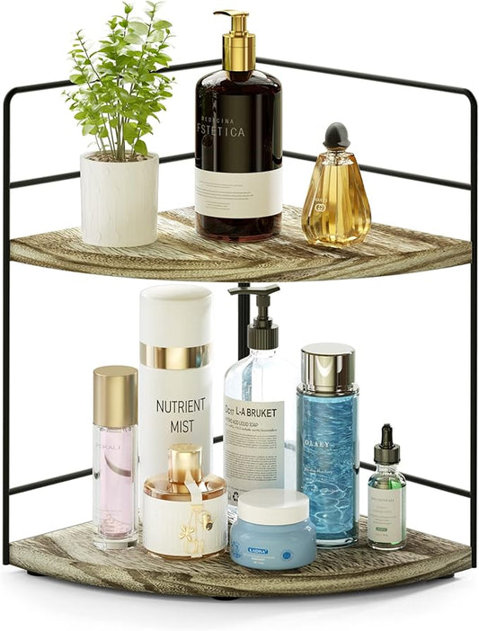 ZGO 2-Tier Bathroom Counter Organizer, Corner and Makeup Organizer for Vanity and Kitchen Counter, Wood-NeatNest