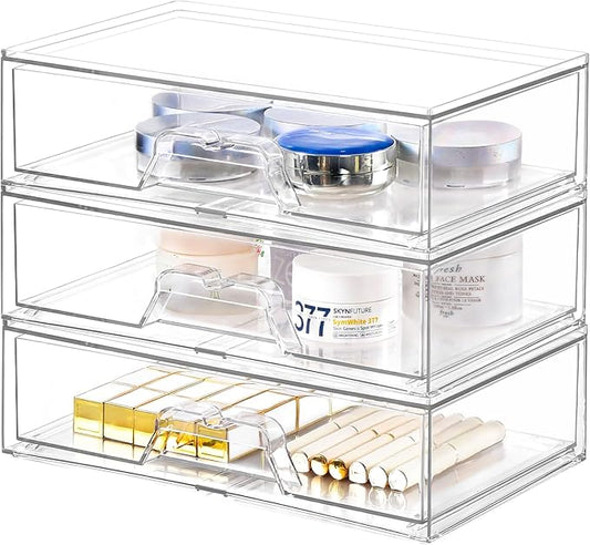 3 Pack Stackable Makeup Organizer, 12.1''L Acrylic Bathroom Organizer and Storage Undersink Drawer, Cosmetics and Beauty Supplies,Clear Plastic Storage Bins for Vanity,Pantry,Desk,Cabinet,Kitchen-NeatNest