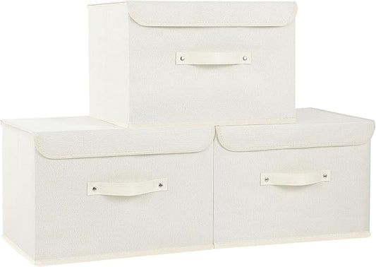 Fabric Storage Bins Cube Organizers with Flip-Top Lid and Handles,Storage Boxes for Organizing Home,Office,and Closet,Beige,3 Pack 15 x 9.8 x 9.8 in-NeatNest