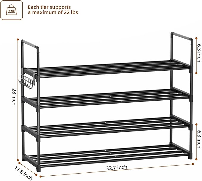 Metal Shoe Rack - 4-Tier Shoe Organizer with Adjustable Shelf Height, Sturdy Shoe Storage Shelf, Perfect for Front Door Entrance, Closet & Entryway, Easy to Assemble, DIY Layering Options (M - 4 Tier)-NeatNest