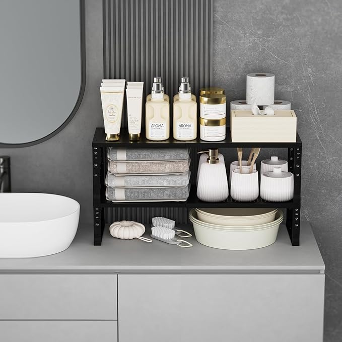Expandable Cabinet Shelf Organizer Storage Spice Rack Shelves for Kitchen Stackable Adjustable Pantry Cupboard Bathroom Countertop Desktop(2Packs/Black/Medium-with Hole)-NeatNest