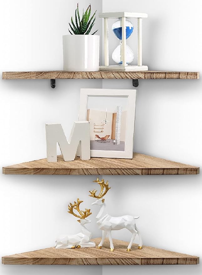Joiishom Corner Wall Shelf Set of 3, Floating Corner Shelves, Rustic Wood Wall Storage Display Shelves for Living Room, Bedroom, Bathroom, Kitchen (Carbonized Wood)-NeatNest