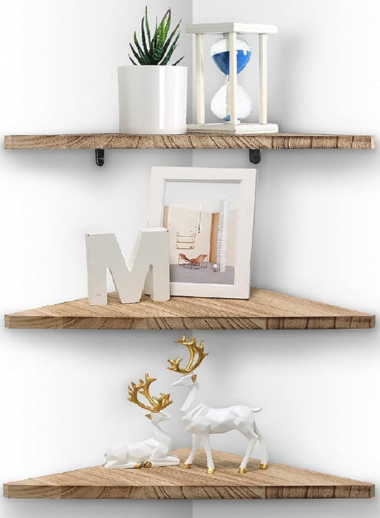 Joiishom Corner Wall Shelf Set of 3, Floating Corner Shelves, Rustic Wood Wall Storage Display Shelves for Living Room, Bedroom, Bathroom, Kitchen (Carbonized Wood)-NeatNest