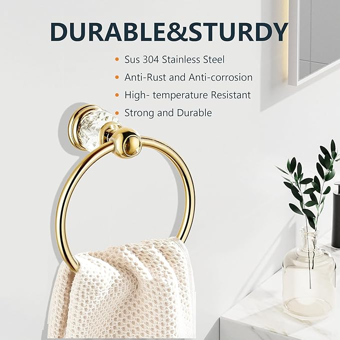Gold Towel Ring - SUS304 Stainless Steel Wall Mounted Hand Towel Holder for Bathroom - Kitchen & Bathroom Towel Rack - Crystal Towel Hanger - Round Hand Towel Rack