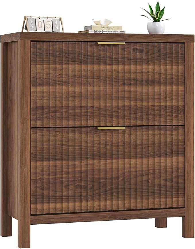 Shoe Cabinet Storage for Entryway, Fluted Shoe Cabinet with 2 Flip Drawers, Hidden Shoe Rack Tall Freestanding Shoe Organizer with Legs for Hallway, Walnut-NeatNest