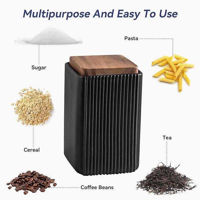 Ceramic Storage Jars Modern Elegant Polished Airtight Gorgeous Storage Canisters with Wooden Lid Small Food Stroage Jar for Kitchen Spice Tea Vanilla Sugar Coffee Beans (Black,Small size,13cm*10cm)-NeatNest