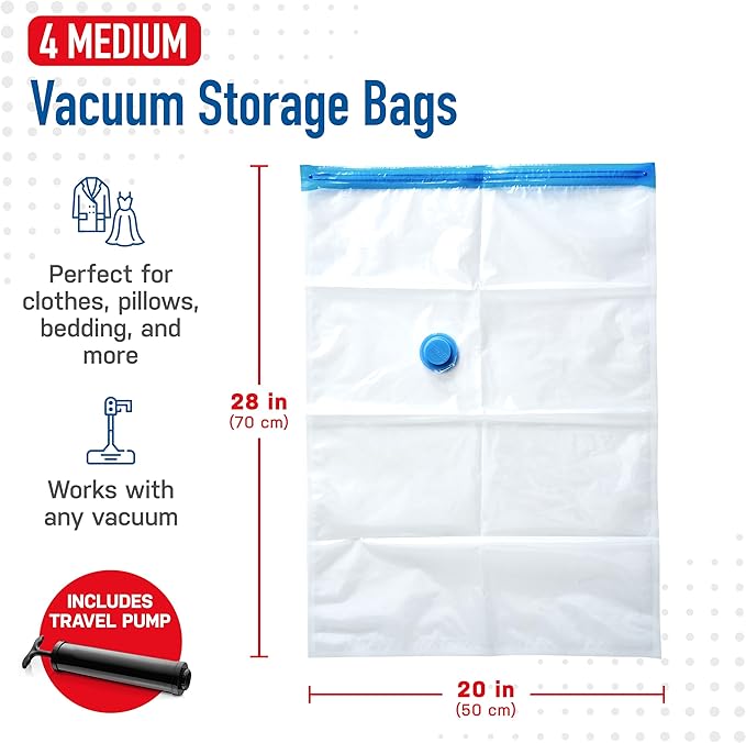 Spacesaver 4 Pack Medium Vacuum Storage Bags for Clothes - 28 x 20-Inch Vacuum Sealer Compression Bags with Hand Pump - Space Saver Storage Bag for Travel Essentials, Garments and Organization-NeatNest