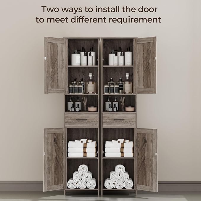 Homhedy 67" H Tall Bathroom Storage Cabinet with 2 Barn Doors and 1 Drawer, Narrow Storage Unit, Adjustable Shelves，Floor Cabinet for Bathroom, Living Room, Entryway, Kitchen, Greige, (15.7" W)
