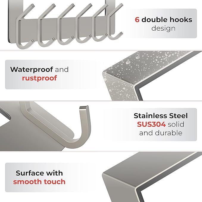 Brushed Nickel Over The Door Hooks – Heavy Duty Stainless Steel Door Hanger with 6 Double Hooks for Hanging Towels, Coats, Robes, Hats, Bags – No Drill Over Door Towel Rack for Bathroom & Bedroom-NeatNest