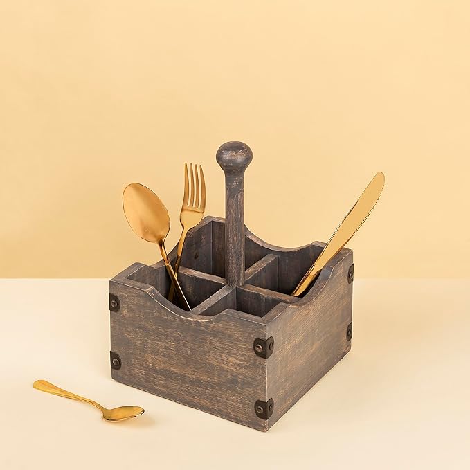 GoCraft Square Wooden Flatware & Silverware Caddy - 4 Divided Compartments, Grey Washed Mango Wood Utensil Holder with Detachable Handle Rod, Stylish Kitchen Storage Organizer for Home & Dining