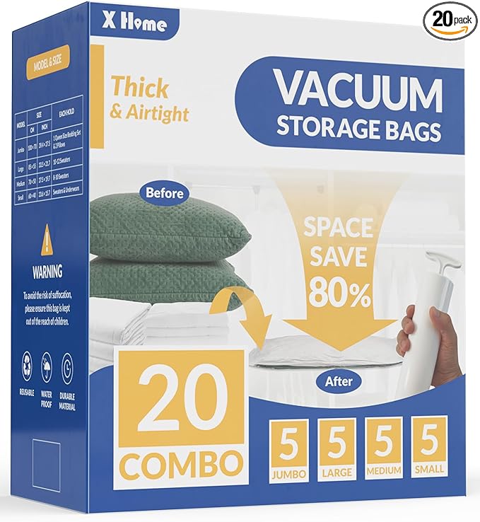 20 Pack Vacuum Storage Bags, 80% Space Saver Vacuum Seal Bags for Clothing, Bedding, Blankets, Comforters, and Pillows, Vacuum Compression Bags with Travel Hand Pump (5 Jumbo+5L+5M+5S)-NeatNest