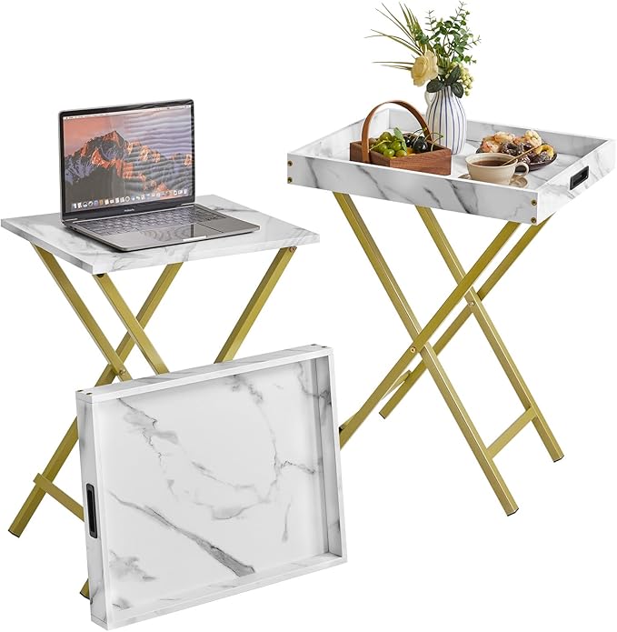 IBUYKE Foldable TV Tray Set of 2 TV,End Table with Removable Food Serving Tray,Portable Wooden Snack Table for Livingroom, Bedroom, Office, Camping, White with Gold UTVT001G-NeatNest