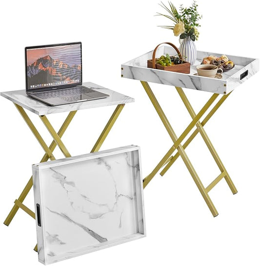 IBUYKE Foldable TV Tray Set of 2 TV,End Table with Removable Food Serving Tray,Portable Wooden Snack Table for Livingroom, Bedroom, Office, Camping, White with Gold UTVT001G-NeatNest