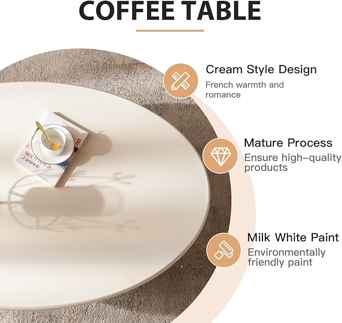 Creamy White Oval Coffee Table 45.6" Cute Corner Center Tables with Sturdy Pedesta Modern Wood Tea Table Low Floor Tables for Living Room Bedroom Easy Assembly,Oval Table-NeatNest