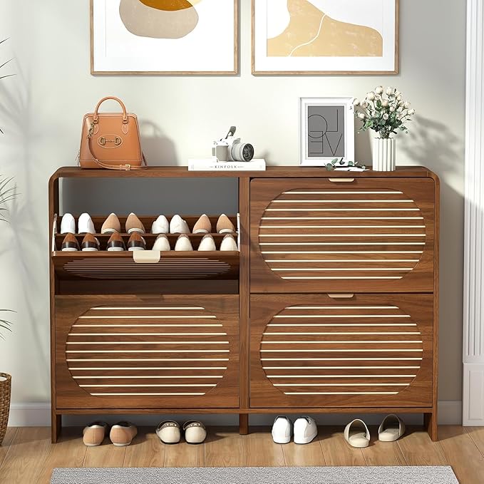 Curved Narrow Shoe Cabinet for Entryway with 4 Flip Drawers, Wooden Shoe Storage Cabinet with Stripe Panel, Freestanding Shoe Organizer Farmhouse Closed Shoe Rack for Hallway, Foyer(Walnut)-NeatNest