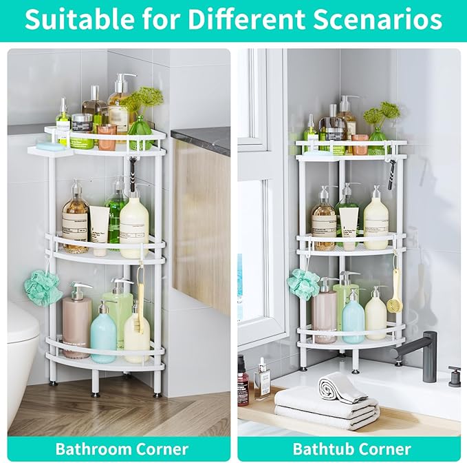 HapiRm Standing Corner Shower Caddy - 3 Tier Shower Organizer Corner with Soap Holder and 4 Hooks, Rustproof Bathroom Storage Shelves with Adhesives, White